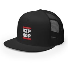 Vintage 80s Hip Hop Trucker Hat | Rap Music Gift DJ Gift | Embroidered Hip Hop Logo Baseball Cap | 90s Rap Fan Gift Baseball Cap HIP HOP! You're the love of my life! Show the world your love when you wear this classic style trucker hat with embroidered HIP HOP graphic logo.  🤓 PRODUCT DETAILS 🤓  Classic trucker cap style with a cool fabric blend.  * 47% cotton, 28% nylon, 25% polyester * Structured, five-panel, high profile * Flat bill * Snapback closure * Head circumference: 21⅝″-23⅝″ 🎤Click here for more hip hop goodies👇🏾 https://etsy.me/3F7AXUJ 📦 SHIPPING 📦 *  We are dedicated to ship your order as quickly as possible! All orders will ship within 3-5 business days.  * All orders are shipped with tracking information. Majority ship via USPS First Class or Priority mail, UPS or Fed Hip Hop Baseball Cap With Letter Print, Hip Hop Style Baseball Cap With Letter Print, Hip Hop Style Fitted Cap With Letter Print, Hip Hop Snapback Hat, One Size Fits Most, Hip Hop Fitted Hat With Flat Brim, Retro Black Snapback Hat For Streetwear, Hip Hop Trucker Hat For Streetwear, Black Hip Hop Trucker Hat Flat Cap, Hip Hop Snapback Fitted Hat With Letter Print