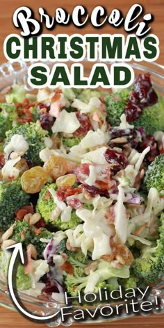 broccoli christmas salad with cranberries and nuts in a glass bowl