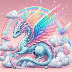 a blue dragon sitting on top of a cloud filled sky with rainbows and clouds