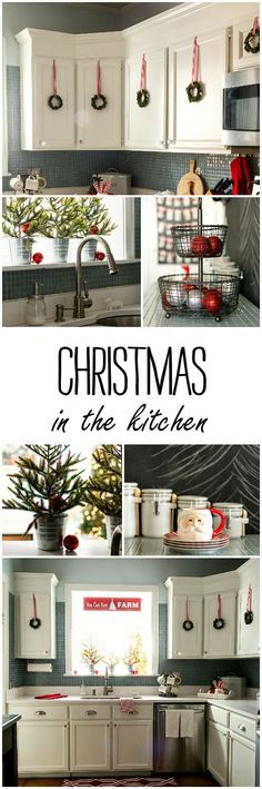 christmas decorations in the kitchen are hanging from the ceiling and on the cabinets, along with other holiday decor