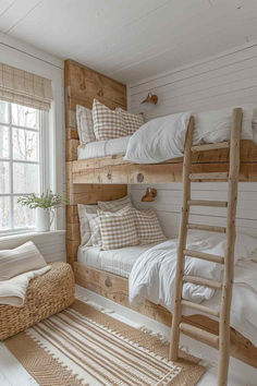 40 Cozy Bunk Room Ideas for Rustic Retreats Bunk Beds Over Queen Bed, 4 Bed Guest Room, Guest Room Ideas Multiple Beds, Sharing Room Privacy Ideas, Guest Room Multiple Beds, Bunk Bed Beach House, Ikea Beach House, Cool House Ideas Interior, Bunk Room Low Ceiling