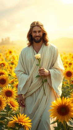 jesus standing in a field of sunflowers with his arms wrapped around the neck