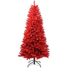 a red christmas tree on a black stand