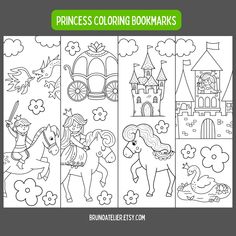 princess coloring bookmarks for kids with horses, castle and horse on the front page