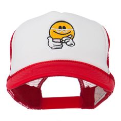 Scribe Smile Face Embroidered Foam Mesh Back Cap Adjustable Trucker Hat With Embroidered Logo And Visor, Fun Red Snapback Trucker Hat, Fun Red Trucker Hat, Fun Red Adjustable Trucker Hat, Red Adjustable Fun Trucker Hat, Fun Red Snapback Baseball Cap, Red Trucker Hat With Embroidered Logo And Curved Brim, Red Trucker Hat With Embroidered Logo Visor, Red Trucker Hat With Visor