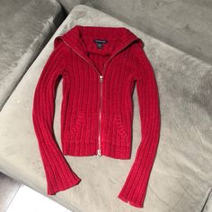 Red Zip Up Sweater Size Small Has Zips At The Wrist Also. Vintage I Bought It In Early 2000s No Later Then 2004 Red Hooded Sweater For Fall, Red Hooded Fall Sweater, Red Hooded Fall Cardigan, Cozy Red Fitted Tops, Cozy Fitted Red Tops, Fitted Red Knit Outerwear, Cozy Fitted Red Outerwear, Red Fitted Sweater For Fall, Fitted Red Sweater For Fall