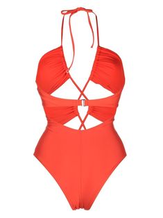 Orange Halter Neck Swimwear For Party, Orange Backless Swimwear For Beachwear, Orange Backless Beachwear Swimwear, Chic Orange Swimwear For Swimming, Chic Orange Swimwear For Party, Chic Orange Party Swimwear, Orange Backless Swimwear For Pool, Orange V-neck Swimwear For Pool, Orange V-neck Swimwear For The Pool