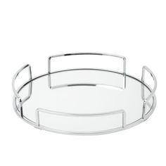 an empty glass tray with metal handles