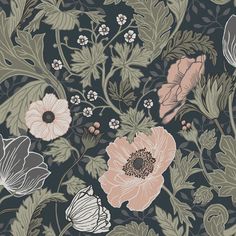 an image of a floral wallpaper with many flowers on the side and green leaves