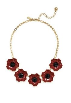 Gold plated poppy flower necklace with red enamel and black crystal accents. Lobster clasp closure. 17" long with 3" extender. Come with pouch Excellent condition! J28 Flower Statement Necklace, Poppy Flower, Fashion Jewelry Necklaces, Black Crystals, Flower Necklace, Fashion Watches, Lobster Clasp, Poppies, Jewelry Necklace Pendant