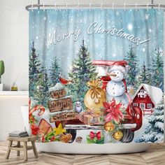 a christmas themed shower curtain with a snowman on the truck and trees in the background