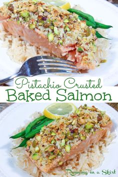 Pistachio Crusted Salmon that's oven baked to perfection! This tender, flaky salmon recipe stays moist and tasty thanks to the encrusted pistachios and dijon mustard.  This easy fish recipe takes just 20 minutes and is simple enough for a weeknight dinner but fancy enough for the holidays or a dinner party! Crusted Salmon Recipes, Pistachio Crusted Salmon, Garlic Butter Salmon, Frozen Salmon, Wild Salmon, Salmon Recipe, Baked Salmon, Dijon Mustard