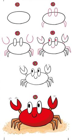 How to draw a crab
drawing 
drawing idea Crab Drawing, Drawing Lessons For Kids, Easy Drawings For Kids, Easy Doodle Art, Easy Doodles Drawings, Cute Easy Drawings