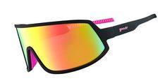 a pair of black sunglasses with pink and yellow mirrored lenses on the top of it