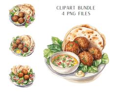 watercolor clipart bundle of pita breads, dip and vegetables with dipping sauce