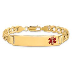 14k yellow gold medical red enamel curb link ID bracelet. Measures approximately 1/4 of an inch in width and has a lobster claw clasp. Medical Id Bracelets, Link Design, Medical Alert, Stylish Bracelet, Id Bracelets, Medical Information, Fine Jewelry Bracelets, Bracelets And Charms, Gold Finish