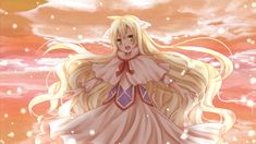 an anime character with long blonde hair standing in front of a sky filled with clouds