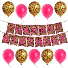 happy birthday banner with leopard print and pink balloons