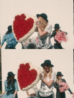 two pictures of people holding flowers in the shape of a heart and kissing each other