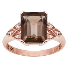 10k-rose-gold-vintage-style-genuine-emerald-cut-smoky quartz-and-diamond-ring Brown Gemstone, Smoky Quartz Ring, Bold Rings, Vintage Inspired Design, Quartz Ring, Smoky Quartz, High Quality Jewelry, Diamond Gemstone, Gold Material