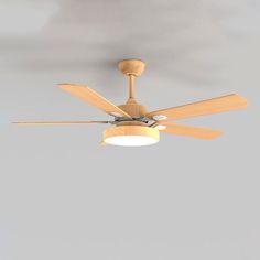 a ceiling fan with two wooden blades and a light fixture on the top of it