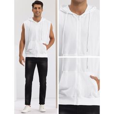 You can wear a sleeveless hoodie over a t-shirt for a casual and laid-back look. A sleeveless hoodie makes good workout clothing, allowing for unrestricted arm movement during exercise. Pair a hoodie vest with shorts, jeans, and casual trousers to create a different look. The hoodie vest is suitable for sports, camping, travel, and daily wear. White Sleeveless Top For Leisure, Casual Hooded Summer Vest, Cotton Leisure Hoodie, Casual Summer Hooded Vest, White Drawstring Hooded Top For Summer, Relaxed Fit Sleeveless Top For Leisure, White Drawstring Hood Top For Summer, White Summer Top With Drawstring Hood, Summer Cotton Hoodie For Leisure