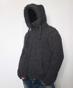 Hand knitted 100% wool mens hoodie sweater with turtleneck pockets and zipper, mega thick pullover quality hand-knitted sweater. perfect for your comfort. Men`s wool sweater is hand knitting from 6 strands 100% wool yarn. sweater is very thick and soft. weight of the sweater is between 3 kg - 6 kg (depending on size) The time for handmade (knitted) sweater is about 5-7 business days after payment. Measurement: size S armpit to armpit: 50cm / 19.7 inches length (from shoulder): 69cm / 27.1 inches Sweater With Turtleneck, Jumper Jacket, Yarn Sweater, Chunky Knitting, Mens Hoodies, Mens Hoodie, Chunky Wool, Hand Knitted Sweaters, Chunky Sweater