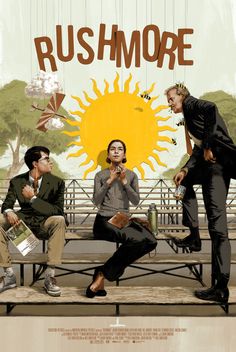 three people sitting on a bench with the words rushmore above them and an image of a sun behind them