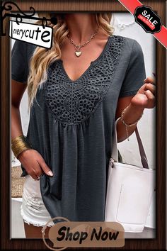 Gray Lace Crochet Patchwork V Neck T Shirt Casual V-neck Blouse With Crochet Lace, Casual Short Sleeve Tops With Lace Patchwork, Casual Lace Top With Crochet Trim V-neck, Casual Crochet Lace Short Sleeve Top, Casual Short Sleeve Crochet Lace Top, Casual V-neck Top With Crochet Trim, Lace Crochet, T Shirt Women, Women Tops