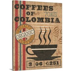 a coffee bag with the words, coffees of colombia on it and an image of a