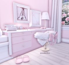 a baby's room is decorated in pink and white