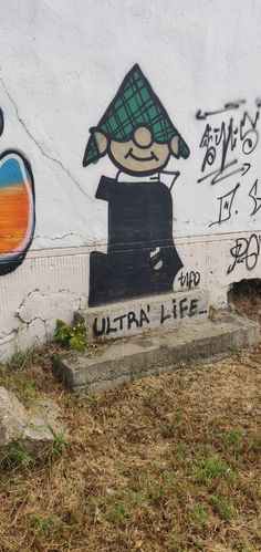 graffiti on the side of a building with an image of a person wearing a hat