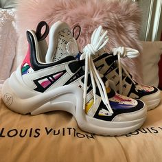 Louis Vuitton Water Paint Lv Archlight Sneakers (Practically Brand New, Worn Twice) Orginally $1495 Luxury Multicolor Sneakers For Streetwear, Luxury Multicolor Round Toe Sneakers, Shoes Louis Vuitton, Water Paint, Louis Vuitton Shoes, Water Painting, Color White, Louis Vuitton, Size 6