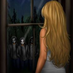 a woman standing in front of a window looking out at the creepy people behind her