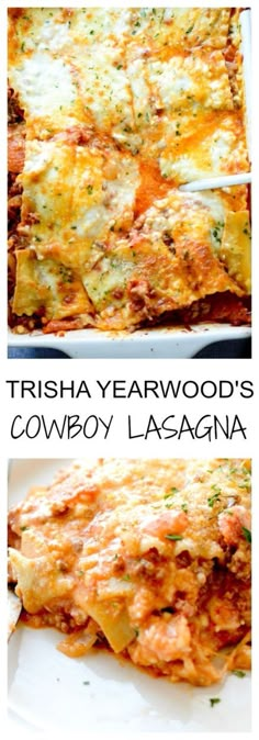 there are two pictures of lasagna on the same plate