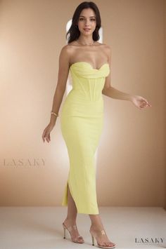 Lasaky - Bandeau Mesh Fishbone Yellow Maxi Dress with Front Slit Backless Bridal Gowns, Yellow Maxi Dress, Yellow Maxi, Pleated Maxi Skirt, Bandeau Dress, Solid Color Dress, Pleated Maxi, Fish Bone, Waist Circumference