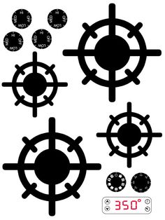 the silhouettes of ships helms and steering wheels are shown in black on a white background