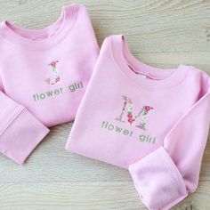 Floral embroidered Initial crewneck sweatshirt or hoodies for flower girls. This personalized sweatshirt would be a perfect gift for your flower girl. The sweatshirt is fleece-lined on the inside, made it soft and cozy. The embroidery is done with vivid color threads on a commercial machine. ▪️ READY TO SHIP IN 3-7 BUSINESS DAYS from our TX studio ▪️ ▪️ DETAILS ▪️ Material: 7.5 oz. fleece lined sweatshirt cotton/polyester blend Embroidery Dimensions : The floral initial is 1.75 inches tall. You Flower Girl Proposal, Embroidered Initials, Floral Initial, Proposal Gifts, Girl Sweatshirts, Vivid Color, Flower Girls, Gift Wedding, Kids Shirts