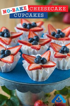 no bake cheesecake cupcakes with blueberries and strawberries on top