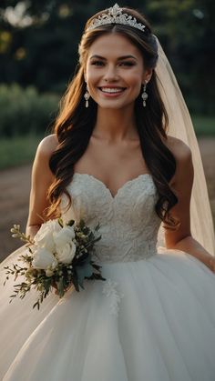 a woman in a wedding dress is smiling at the camera and holding a bridal bouquet