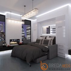 a bedroom with a bed, night stand and city lights