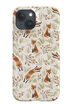 an iphone case with foxes and leaves on it