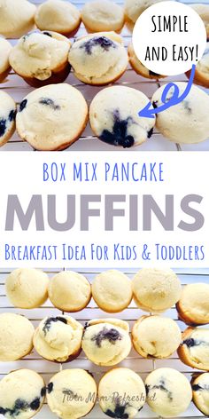 blueberry muffins with text overlay that reads box mix pancake muffins breakfast idea for kids and toddlers