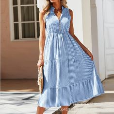 Fashion Elegant V Neck Button Dress Summer Button-up Maxi Dress With Buttons, Spring Sundress Maxi Dress With Buttons, Button-up Sundress Midi Dress, Sundress Midi Dress With Buttons For Day Out, Sundress Maxi Dress With Button Closure For Day Out, Calf Length Dress, Vintage Summer Dresses, Necklines For Dresses, Chic Sundress