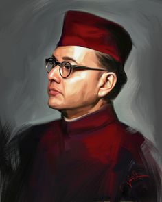 a painting of a man wearing glasses and a red hat