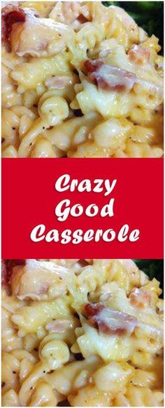 two pictures of pasta and broccoli with the words crazy good casserole