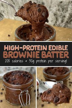 chocolate brownie batter in a glass jar with spoons and text overlay that reads high - protein edible brownie batter