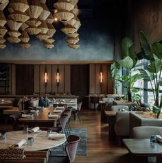 an empty restaurant with tables and chairs in front of large plants hanging from the ceiling