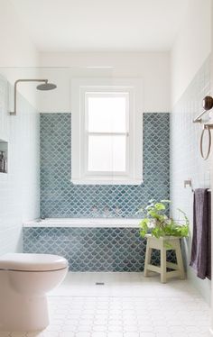 an instagram photo of a bathroom with blue and white tiles on the walls, along with a plant