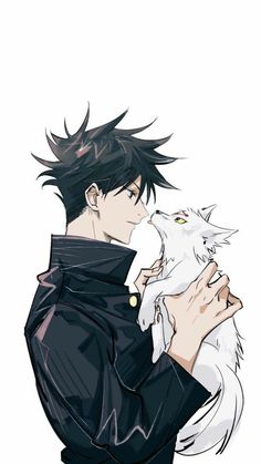 an anime character holding a white cat in his hands and looking at the camera with one hand